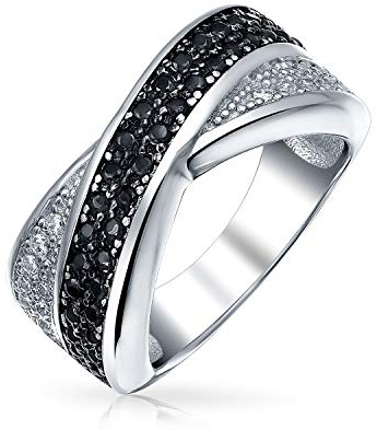 Bling Jewelry Zweifarbiger Schwarz-Weiß-Pavé-Zirkonia-CZ-Criss-Cross-X-Band-Ring für Frauen Freundin Geschenk .925 Sterlingsilber