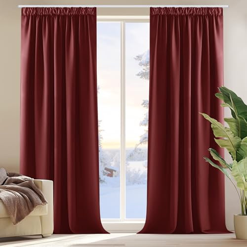 Deconovo Gardinen Blickdicht Dicke Vorhänge Verdunkelungsvorhang Kräuselband Fensterdeko Gardinen, 175x140 cm(HöhexBreite), Rot, 2er Set