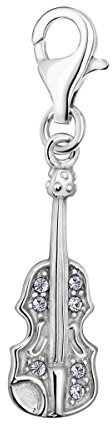 Quiges Charm Anhänger Weiß Zirkonia Geige 925 Silber mit Karabinerverschluss für Bettelarmbands