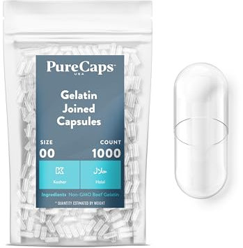 PureCaps USA - Capsules de gélatine vides transparentes taille 00, 1 000 pilules gel jointes, certifiées sans OGM, casher, sans gluten et certifiées halal, capsules de pilules vides Pure Beef