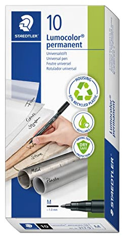 STAEDTLER permanent Marker Lumocolor, schwarz, Linienbreite ca. 1,0 mm, wisch- und wasserfest, Made in Germany, nachfüllbar, lange Lebensdauer, 10 schwarze Universalstifte im Kartonetui, 317-9