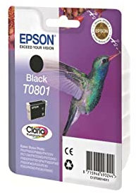 Epson T0801 Colibri Noir, Cartouche d'encre d'origine, R265 R285 R360 RX560 RX585 RX685 P50 PX650W PX660W PX700W PX710W PX720WD PX730WD PX800FW PX810FW PX820FWD PX830FWD