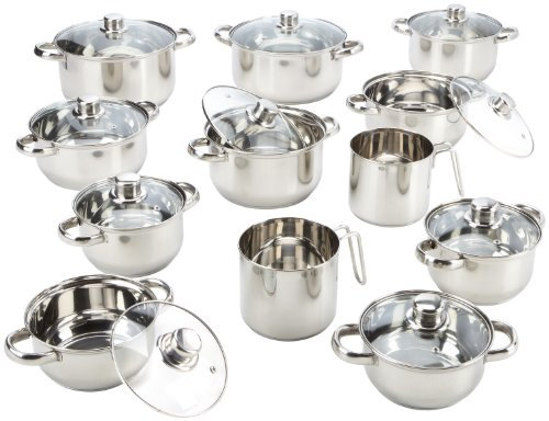 axentia Topfsortiment Edelstahl 22-teilig, Topfset für alle Herdarten, außer Induktion, Kochtopfset, Kochset mit Schüttrand und Alu-Sandwichboden, bestehend aus 5 x Bratentopf, 5 x Fleischtopf, 2 x Milchtopf