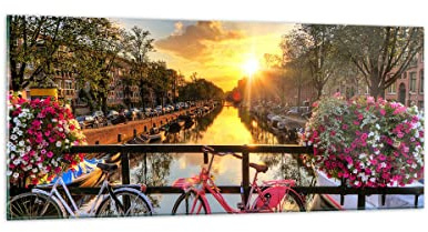 ARTTOR Bilder auf Glas 120x50cm Wandbild Glasdruck Blumen Städte - 3081 | Fahrräder Kanal Amsterdam Panorama Groß Modern Dekoration Wohnzimmer Schlafzimmer Küche Wanddeko Kunstdruck Art ARTTOR