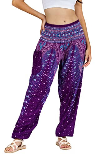 Lofbaz Damen Haremshose Yogahose Pumphose Hippie Hose Boho Kleidung Festival Outfit Sommerhose Leicht Sommer Hosen - Peacock 1 Violett B L