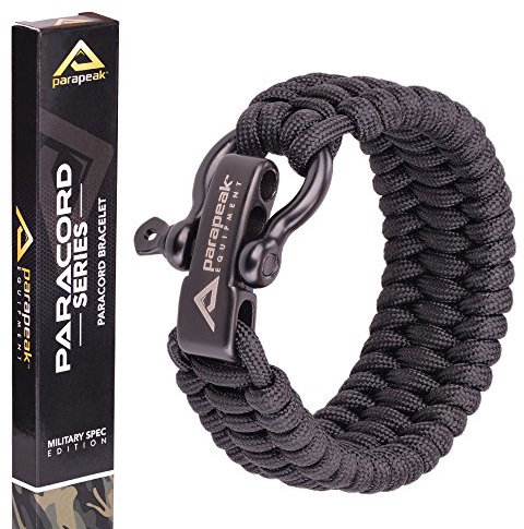 Parapeak - Braccialetto di sopravvivenza, con paracord di grado militare, stile trilobite, con fibbia regolabile in acciaio inox, Nero, chiusura nera., 9 (for 7-8 Wrists)