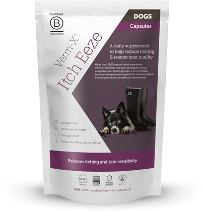 Itch-Eeze for Dogs. All Natural Daily Supplement to Reduce Itching and Restore Coat Quality. Allergen free. Supports Immune System Clear 50gm