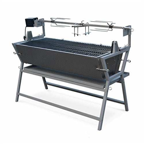 sweeek - Asador de carbón con espetón eléctrico, Mathurin, Gris, 141x68.5x103.5 cm