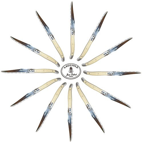 Laguiole-Set di 12 coltelli da bistecca, manico in corno, lama seghettata Colori: perfetto! (coltelli da bistecca Laguiole Jean Dubost di alta qualità, colore: Bianco panna, posate da tavola, posate, in acciaio INOX, con certificato di autenticità, Francia
