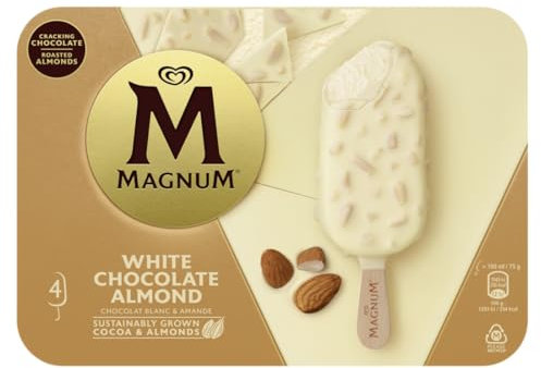 Magnum Gelato con Vaniglia del Madagascar Ricoperto di Cioccolato Bianco, 4 stecchhi da 73g (Surgelato)