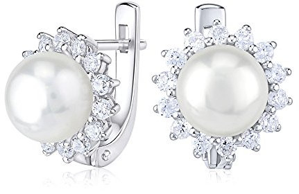 SILVEGO Damen Perlen Ohrringe aus 925 Sterling Silber mit weißer Süßwasserperle 8 mm und Zirkonia