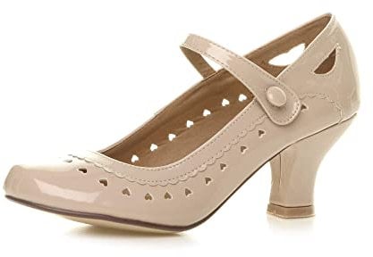 Ajvani Womens Ladies Low Kitten Heel Work Classic Court Shoes Size 5 38, Nude Patent, 5 UK
