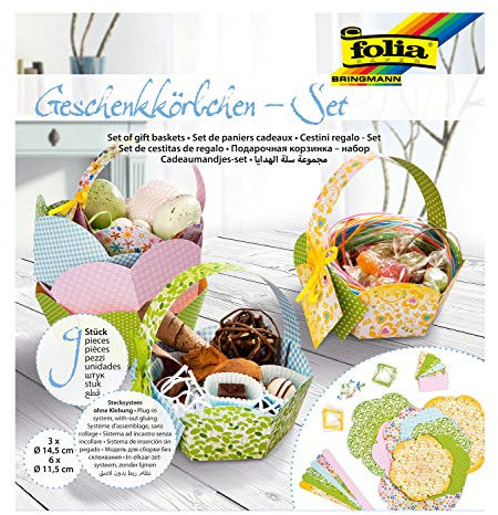 folia 975 - Geschenkkörbchen - Set, Bastelset für 9 Körbchen mit einfachem Stecksystem ohne Kleber, für liebevoll verpackte Kleinigkeiten und zur Dekoration