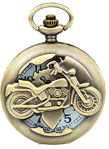 JewelryWe Vintage Bronze Motorrad Taschenuhr Herren Analog Quarz Uhr mit Halskette Kette Umhängeuhr Pocket Watch Vatertagsgeschenk