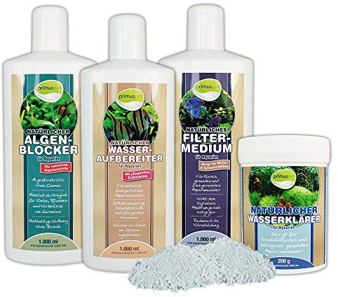 primuspet Natürliches Aquarium Wasserwechsel 4er Pflege-Sparset (4er Sparset: Wasseraufbereiter, Algen-Blocker, Filtermedium + GRATIS Aquarium Wasserklärer), Set-Größe:Set 1000