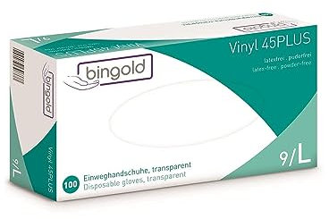 BINGOLD Vinyl 45PLUS Einmalhandschuhe, puderfrei, transparent, unsteril, 240 mm Länge, EN 455 & EN 374 zertifiziert, Kategorie III, latexfrei, für Pflege und Reinigung, 100 Stück