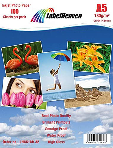 100 Blatt LabelHeaven Fotopapier A5 180g/qm hochglänzend wasserfest