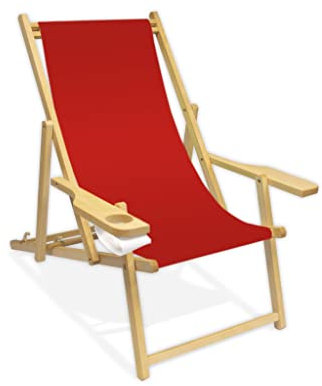 Holz-Liegestuhl mit Armlehne und Getränkehalter, Klappbar, Wechselbezug (Rot)