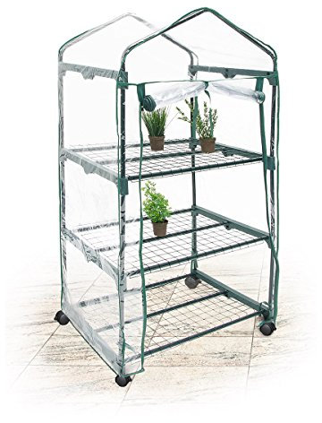 Relaxdays Serra Vivaio per Giardinaggio, 3 Ripiani, HLP 130x70x48 cm, Accessorio Giardinaggio con Ruote, Trasparente