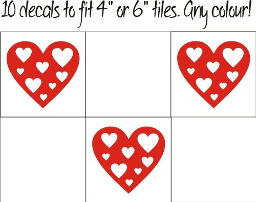 10 x Heart in Heart Tile transfer stickers kitchen bathroom shabby chic diy home (RED, 130mm)