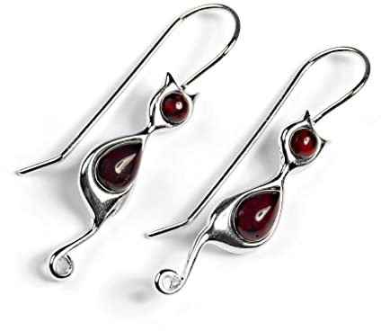 Haken-Ohrringe aus Sterlingsilber mit schwarzer Katze, baltischer Bernstein, Katzensilhouette, lockiger Schwanz, Ohrringe im Boho-Stil, farbenfroher 3D-Schmuck, Geschenk für Mädchen und Frauen