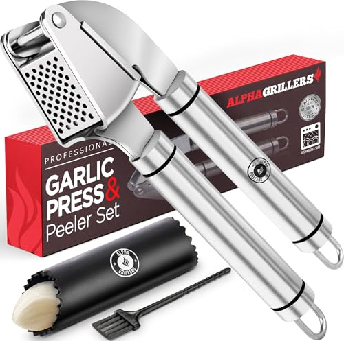Alpha Grillers Garlic Press and Peeler Set. Stainless Steel Mincer and Silicone Tube Roller. Best Kitchen Gift. Ginger Crusher