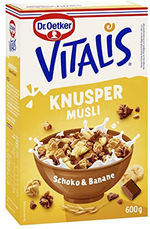 Dr. Oetker Vitalis Knuspermüsli Schoko-Banane, 600 g Knuspermüsli mit Vollmilchschokolade und Banane