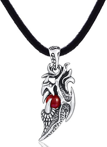 DonDon Herren Lederkette Leder Halskette 50 cm mit Edelstahl Anhänger Drachen Zahn mit roter Kugel