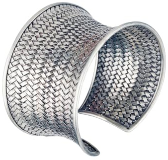 Silverly Karen Hill Tribe Extrabreiter Armreif mit Korbgeflecht für Damen | Strukturiertes Konkaves Design aus Massivem 999er Silber | Verstellbares Gewebtes Tribal-Statement-Armband im Kriegerstil