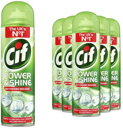 Cif Power & Shine Mousse Bathroom Cleaner Citrus Pack of 6, 500ml each - Limescale & Soap Scum Remover Spray for Bathroom, Shower, Tiles, Sink, Fast Acting Foaming Cleaning Spray