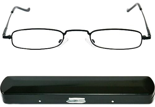 Schmale Metall Mini Lesebrille, Edelstahl Rahmen (Schwarz), mit Gratis Slim-Fit Alu Etui, Lesehilfe Flach Damen und Herren +2.5 Dioptrien