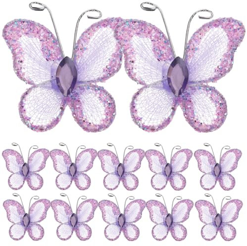 ROSENICE 50 Stück künstliche Schmetterlinge, Sheer Mesh Wire Glitzer Schmetterling (lila)