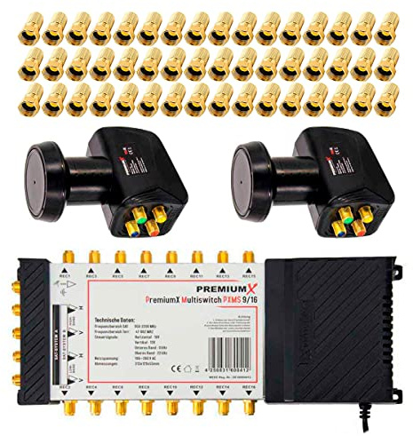 Premium X Multischalter Set 9/16 Multiswitch 2X Quattro LNB 48x F-Stecker, Satverteiler 2 SAT für 16 Teilnehmer HDTV FullHD 4K UHD 8K
