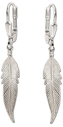 CLEVER SCHMUCK Silberne lange Damen Ohrhänger 48 mm mit Feder 32 mm beidseitig plastische Form und glänzend Sterling Silber 925 im Etui creme