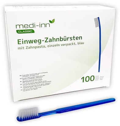 Medi-Inn Einmalzahnbürsten mit Zahnpasta, 100 Stück, einzeln hygienisch verpackt, blau