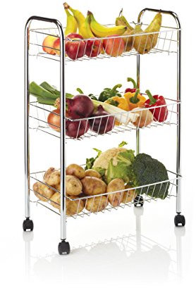 KitchenCraft Chrome-Plated Kitchen Trolley on Wheels with 3 Tiered Storage Baskets