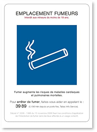Autocollant officiel emplacement de la zone fumeur A4 - Kit de fixation inclus (pastilles adhésives) - Fabriqué en France