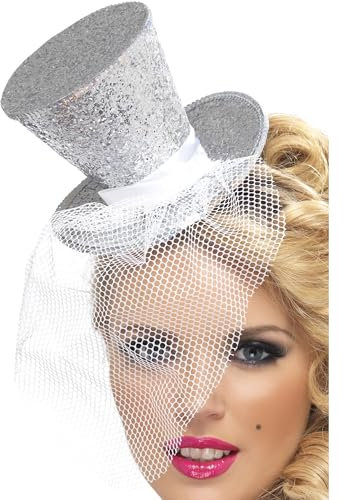 Fever Smiffys Kollektion, Mini-Zylinder auf Haarreifen, Silber, mit abnehmbarem Netz