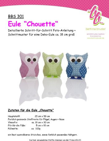 bettina bruder BBS 301 Schnittmuster für Stofftier Eule Fotoanleitung
