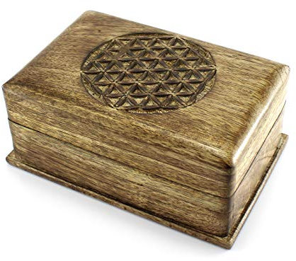 Budawi® Holzbox Trickbox aus Mangoholz Motiv Blume des Lebens Schatulle mit Trick zum Öffnen Holztruhe Holzkiste Trickbox