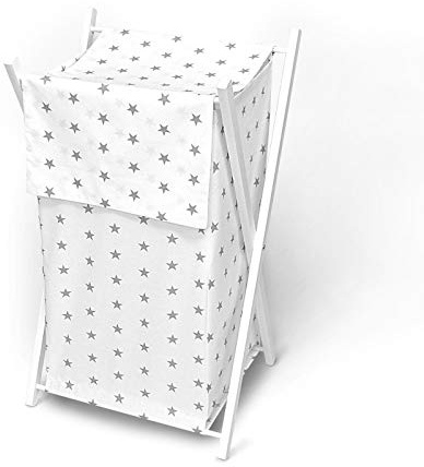 Baby Laundry Basket Nursery Hamper Bag Storage BIN with Removable Linen 70 Litre White Frame (Grey Stars on White Background)
