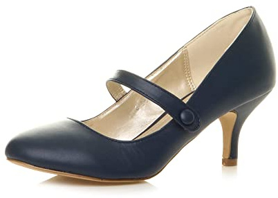 AJVANI Womens Ladies Low mid Heel Mary Jane Strap Work Party Court Shoes Pumps Size