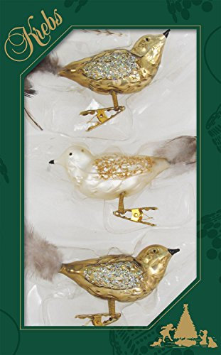 Krebs Glas Lauscha - Weihnachtsdekoration/Christbaumschmuck aus Glas - Vögel auf Clip - Farbe: Kupfer/Beige - 3 Stück - Größe: ca. 11 cm