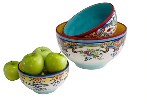 Euro Ceramica Zanzibar Collection Vibrant Ceramic Mixing Bowls, 3 Piece Set, Spanish Floral Design, Assorted Sizes, Multicolor,176 fluid ounce