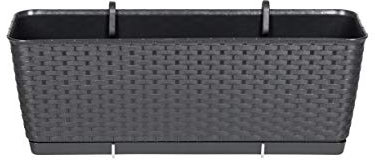 Kreher Balkonkasten, Pflanzkasten mit Wasserspeicher im Rattan Design aus Kunststoff in Anthrazit. Mit 12 Liter Volumen und Metallhalterung. Maße 50 x 17,2 x 17,4 H cm