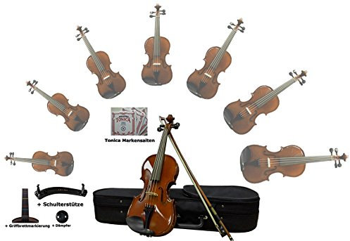 Sinfonie24 Geige Violin Set Größe 1/4, Hamburger Geigenbau Manufaktur, kindgerecht eingestellt, (Basic III) All-in One Starter-Set (Koffer, Bogen, Kolophonium, Griffbrettmarkierung, Schulterstütze, Dämpfer), palisanderfarben, passend mit bereits aufgezogenen Pirastro Tonica Saiten, akustisch
