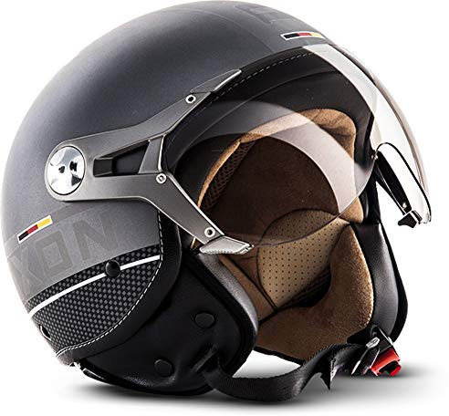 SOXON® SP-325 Plus „Titanium Ace“ · Jet-Helm · Motorrad-Helm Roller-Helm Scooter-Helm Moped Mofa-Helm Chopper Retro Vespa Vintage Pilot Biker · ECE 22.05 Visier Schnellverschluss Tasche XS (53-54cm)
