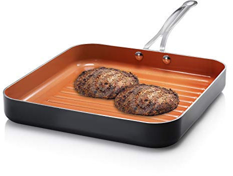 GOTHAM STEEL Sartén de acero : parrilla cuadrada de aluminio 10.5» con superficie antiadherente, mango de acero inoxidable Sear Ridges, apta para lavavajillas y horno