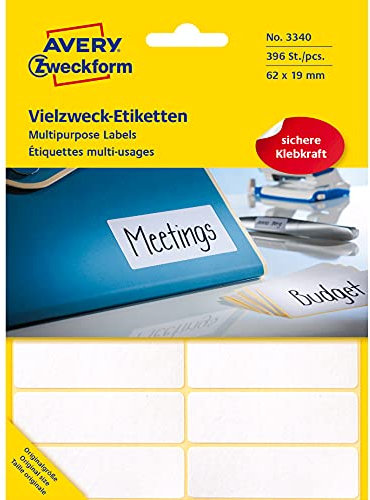 Avery Zweckform 3340 Haushaltsetiketten selbstklebend (62 x 19 mm, 396 Aufkleber auf 33 Bogen, Vielzweck-Etiketten für Haushalt, Schule und Büro zum Beschriften und Kennzeichnen) blanko, weiß