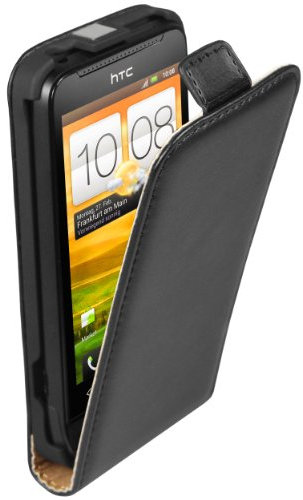 mumbi Echt Leder Flip Case kompatibel mit HTC One V Hülle Leder Tasche Case Wallet, schwarz